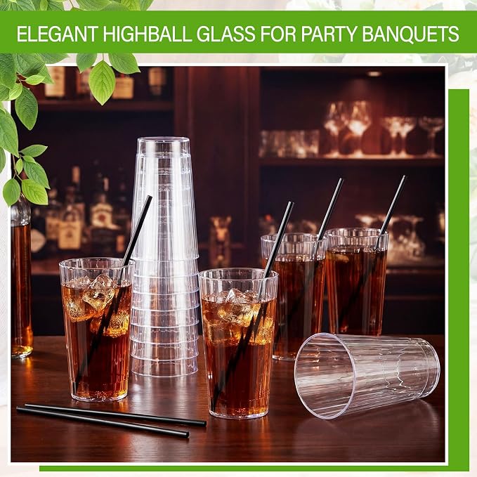 Plastic Highball Glasses with Straws(set of 48), 16 oz Shatterproof Drinking Cups, Tall Whiskey Collins Ribbed Cup, Smoothie Tumbler Mojito Cocktail Cup for Wedding Spring Summer Party
