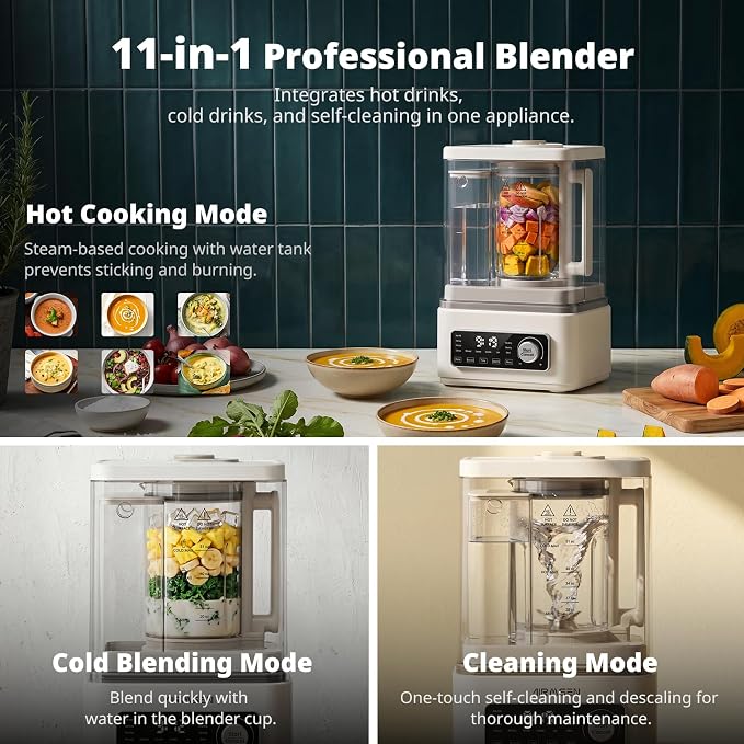 AIRMSEN 11-in-1 Steam Heating Glass Blender for Kitchen, 1200W Professional Countertop Blender with 68oz Removable Water Tank for Smoothies, Milkshakes, Juices, Soups and Sauces, Easy to Clean, White