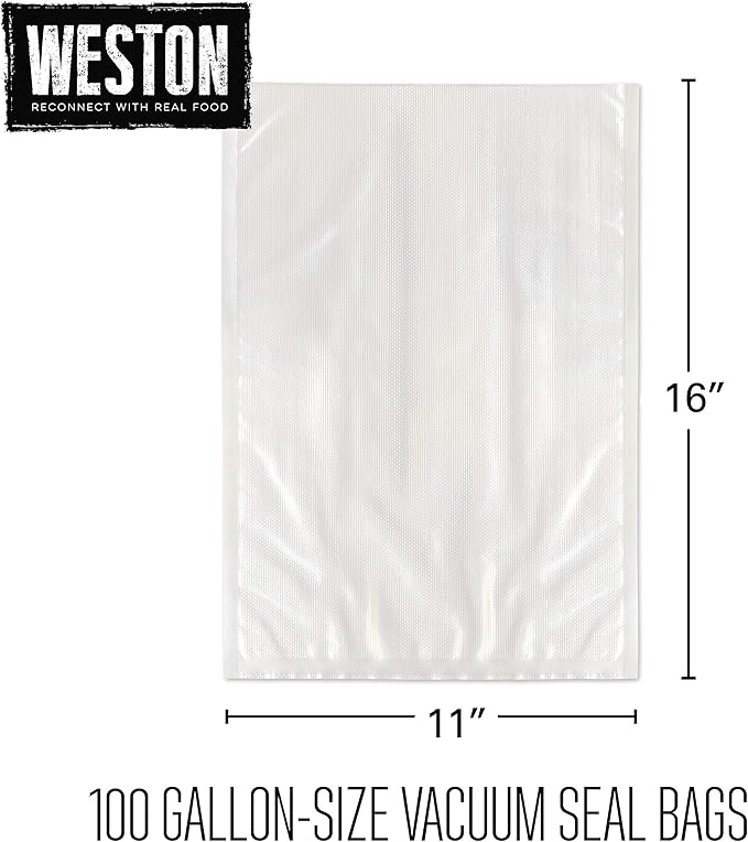 Weston Vacuum Sealer Bags, 2 Ply 3mm thick, for NutriFresh, FoodSaver & Other Heat-Seal Systems, for Meal Prep and Sous Vide, BPA Free, 11" x 16" (Gallon), 100 count, Clear (Pack of 6)
