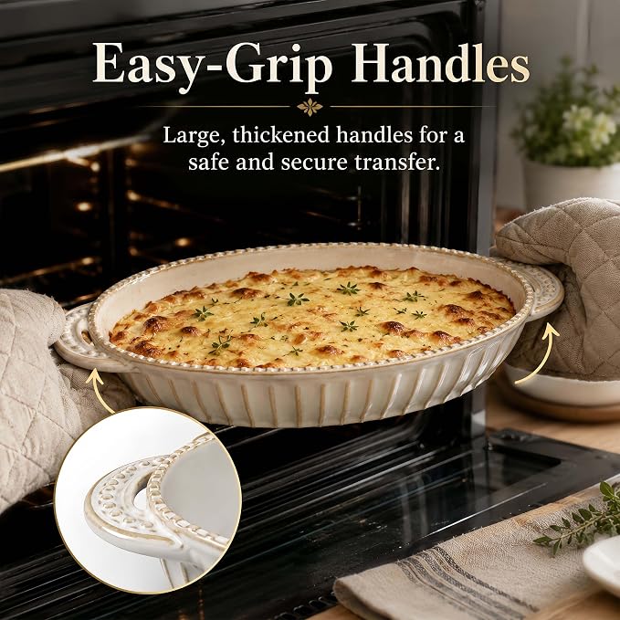 Casserole Dish for Oven, Ceramic Baking Dishes Set, Oval Hobnail Bakeware Set of 3, 9.25"/12.28"/14.37" Baking Dishes with Handle, Deep Lasagna Pan for Roasting, Holiday Dinner, Wedding Gifts, Arctic White