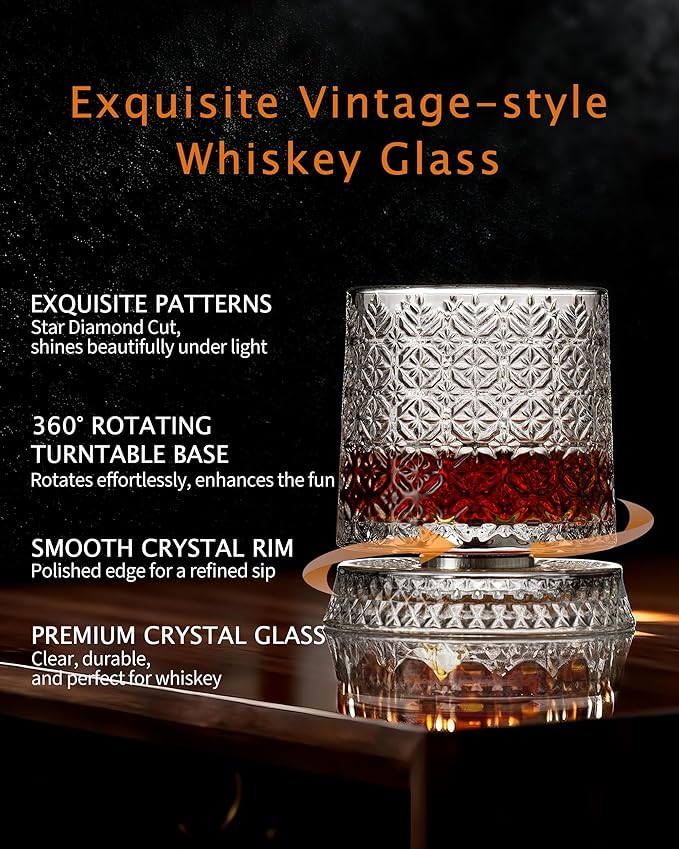 CEEFU Old Fashioned Whiskey Glasses with 360° Rotating Base, Set of 4 (4 Crystal Glasses Set, 4 Big Ice Ball Molds) In Gift Box - Bourbon, Cocktail, Rocks, Bday Gifts Ideas for Men, Snowflake Pattern