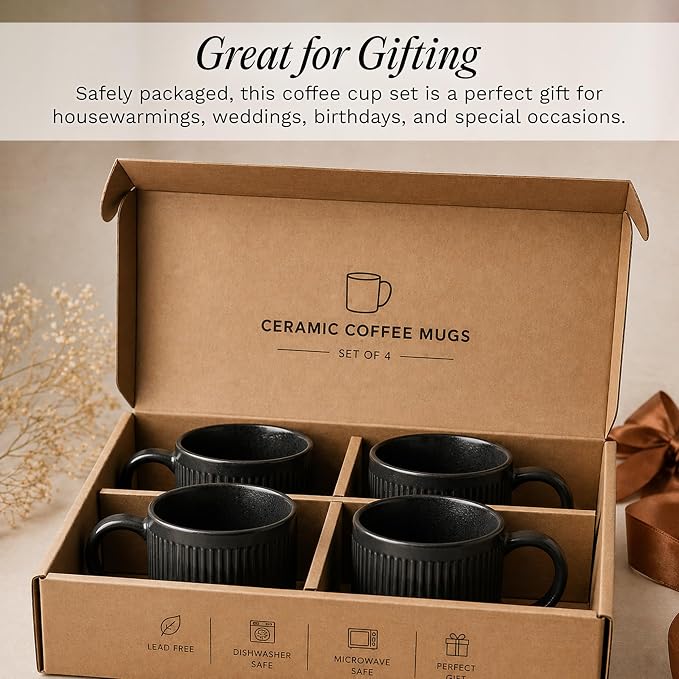 SANGO Anderson Black Coffee Mugs Set of 4, 16.5 oz Stoneware Coffee Mug Set, Big Ceramic Tea Cup with Matte Glaze for Cappuccino, Latte, Large Coffee Cups with Handle, Microwave & Dishwasher Safe
