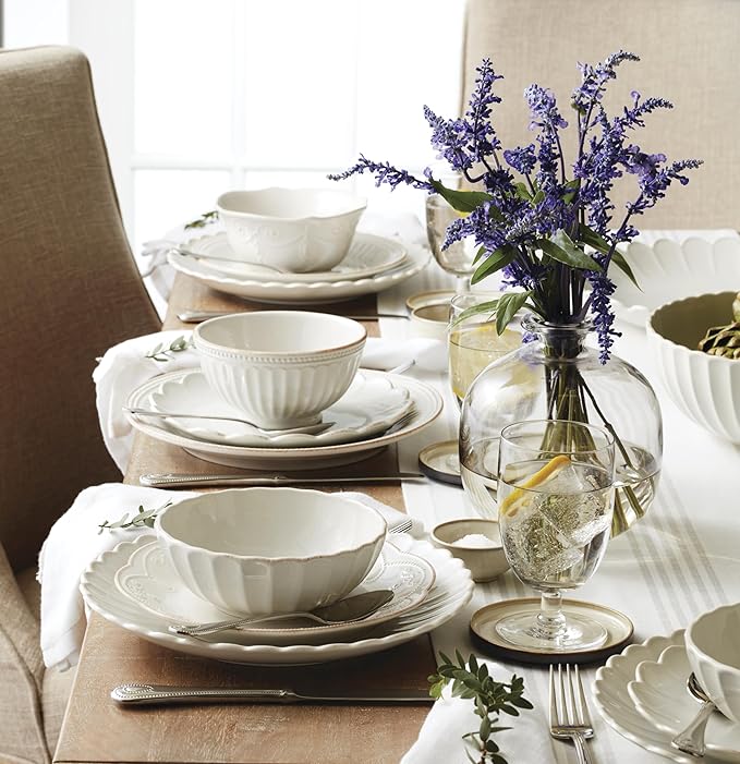 Lenox Dinnerware Sets, French Perle Scallop White 18-Piece Dinnerware Set, Service For 6, Stoneware Material, Dishwasher Safe, Microwave Safe, Bowls, Plates And Bowls, Dinner Dishes (White, 18 Piece)