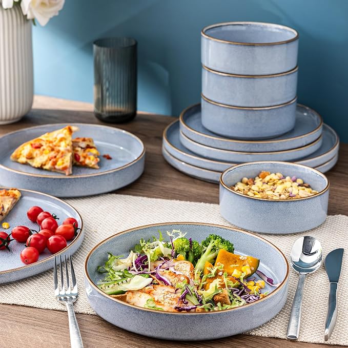 GBHOME Ceramic Dinnerware Sets for 4, 12 Pieces Stoneware Plates and Bowls Sets, Reactive Glaze Dishes -Scratch Resistant, Dishwasher&Microwave Safe-Brunnera Blue