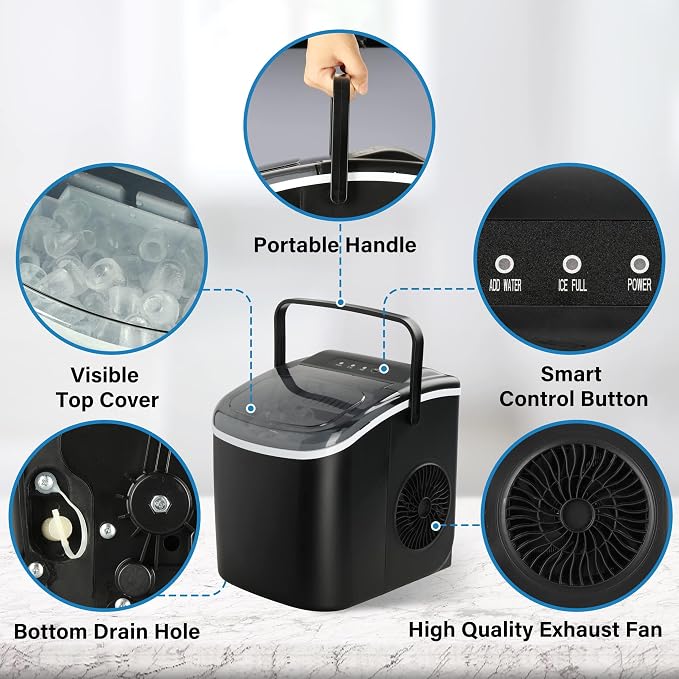 HealSmart Ice Maker for Countertop, 26lbs Ice/24Hrs, 9 Ice Cubes Ready in 6 Mins, Self-Cleaning Feature, Ice Spoon and Basket Included, for Home, Kitchen, Camping, Party, Black New