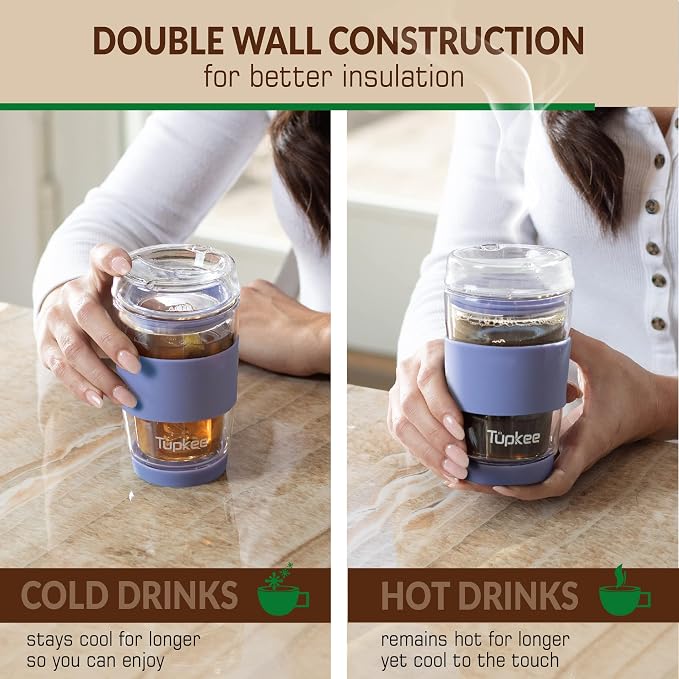 Double Wall Glass Tumbler - 8-Ounce, All Glass Hand Blown Reusable Insulated Tea/Coffee Mug & Lid, Travel Mug - Jacaranda
