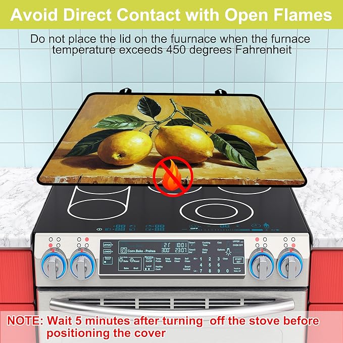 Glass stove top cover 28"x 20", Stove Top Covers for Electric Stove, Flat Range Mat for Glass Cooktop, Kitchen Heat-Resistant Protector Non-Slip Drying Mat (Lemon)