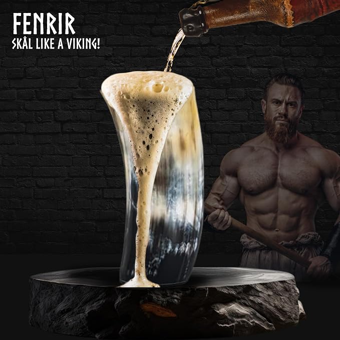FENRIR Viking Drinking Horn Mug Set of 2 – Gifts for Men, Dad, Husband – Unique Viking Gift – Natural Ox Horn Cup with Opener – For Beer, Ale, Mead (12-13 Oz/Glass)