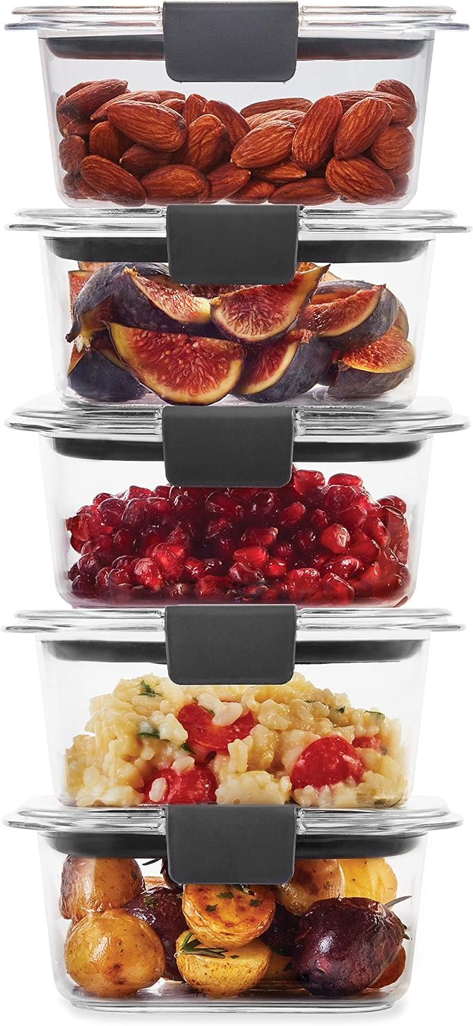 Rubbermaid Brilliance Food Storage Container, Medium, 3.2 Cup, 5 Pack, Clear & Leak-Proof Brilliance Food Storage Set, 1.3 Cup Plastic Containers with Lids, 5-Pack, Clear