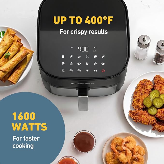 West Bend Digital Air Fryer 7 Qt with One-Touch Presets, Shake Reminder for Even Cooking, Fast 1600W Heating, Nonstick Easy-Clean Basket, in Black/Silver