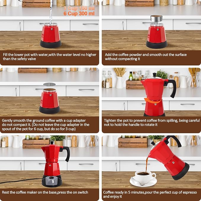 Electric Aluminum Moka Pot 3-6 Cup 150-300ml Stovetop Espresso Maker Portable Electric Expresso Pot Mocha Pot Percolator Italian Coffee Makers Greca Machine Cafe Classic for Home Camping