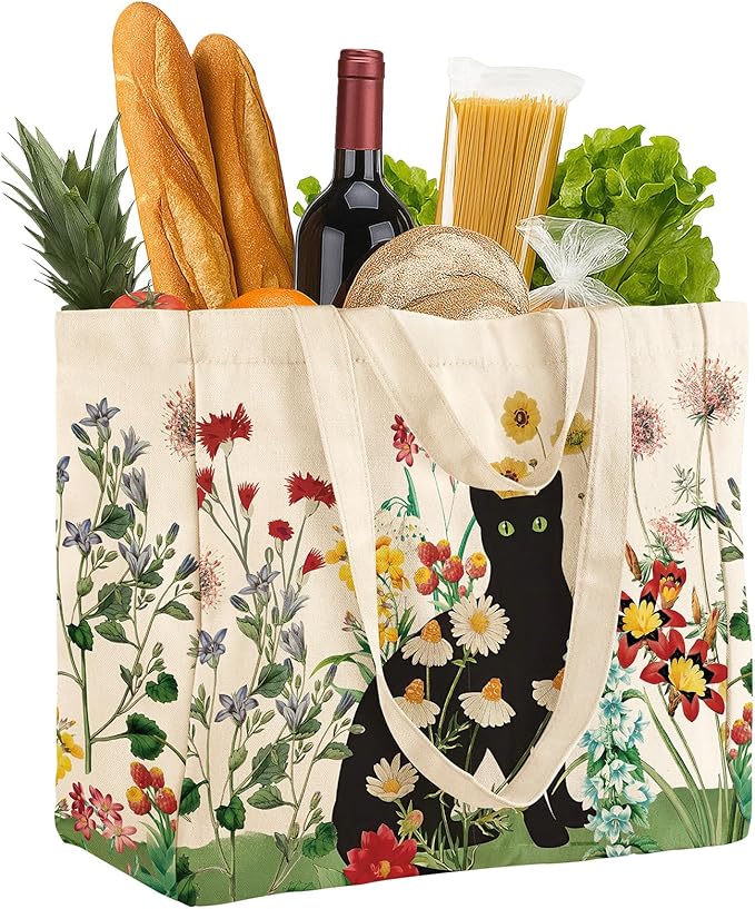 Miss Adola Large Canvas Grocery Tote Bag - Reusable Extra Large Shopping Shoulder Bags with 6 Inner Pockets & 2 Handle Strap