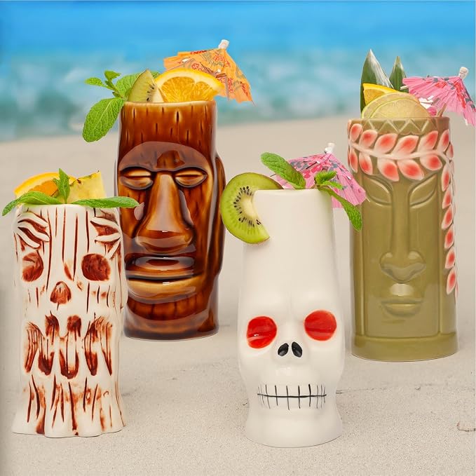 LEMONSODA Ceramic Hawaiian Tiki Glasses - Set of 16 - Fun Tiki Mugs for Cocktails, Barware & Luau Decor (Ceramic Variety, Set of 16)