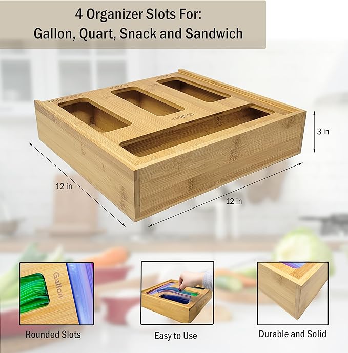 Bamboo Ziplock Storage Organizer for Kitchen Drawer with Sliding Lid – 4 Slot Holder for Gallon, Quart, Snack & Sandwich Bags
