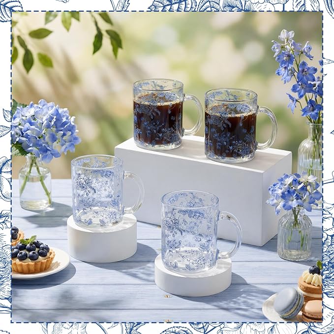 Willinglong 4 Pcs Blue Floral Glass Coffee Mugs 12oz Blue and White Flower Chinoiserie Cups with Handle Spring Summer Drinking Cups Gift for Bridal and Baby Shower Tea Garden Birthday Wedding Party