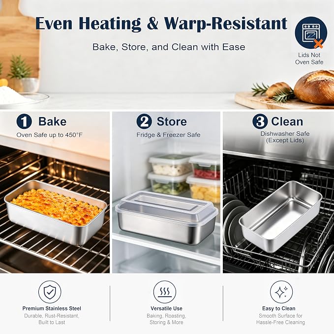 E-far Loaf Pan with Lids, 9 x 5 Inch Stainless Steel Bread Pans for Homemade Bread, Rectangle Baking Tins for Sourdough, Meatloaf, Banana Cake, Nontoxic & Dishwasher Safe - Set of 3