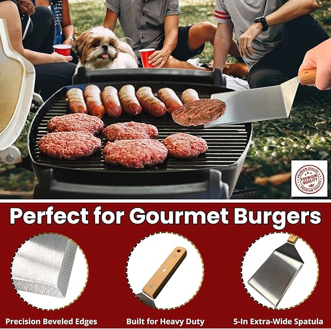 Gamalou® Smash Burger Press Kit: 7” Cast Iron Flat Press, 3-in-1 Hamburger Maker, 6x5” Spatula, Dredge Shaker & 100 Patty Papers for BBQ, Blackstone Griddle, Flat Top, Grill & Frying Pan