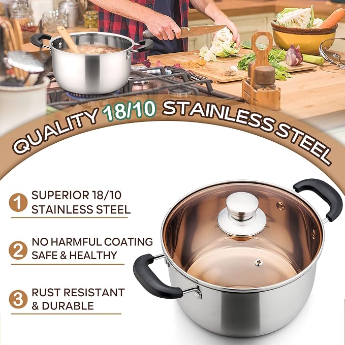 LIANYU 6QT Stock Pot with Cooking Utensils, 6 Quart Stainless Steel Soup Pasta Boiling Pot, Silicone Kitchen Utensils Set with Holder, Dishwasher Safe