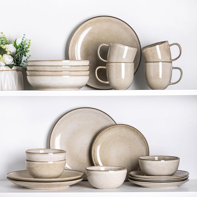 GBHOME 24 Pieces Double Bowls Dinnerware Sets for 6, Stoneware Plates and Bowls Set with Reactive Glaze, Scratch Resistant Stoneware Dishes Set, Dishwasher & Microwave Safe