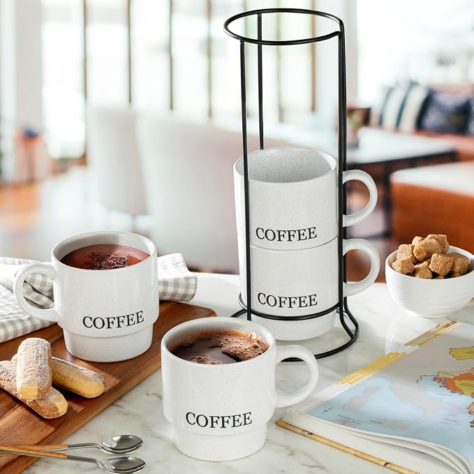 Signature Housewares Stackable Coffee Mug Tower Set with Metal Wire Rack - 15 Ounce Coffee Mugs for Coffee, Tea, Cocoa, Milk, Cappuccino, Hot Chocolate Set of 4 - White Coffee