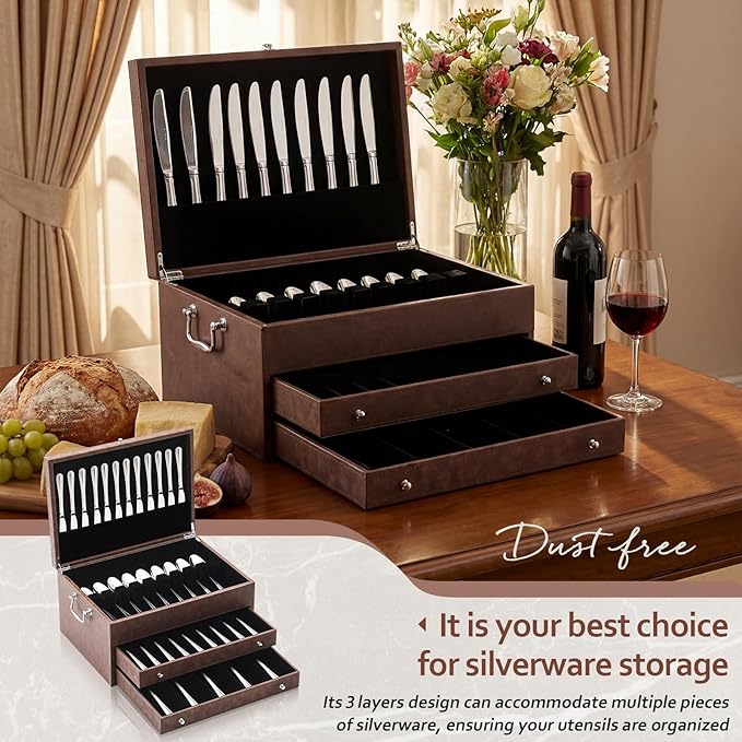DoubleFill 3 Layer Leather Silverware Storage Box with Lid and Handles, Anti Tarnish Silverware Storage Chest Case with Felt-lined for 12-16 or More Sets of Utensils Flatware Gifts, 15.3x11.2x9 Inch
