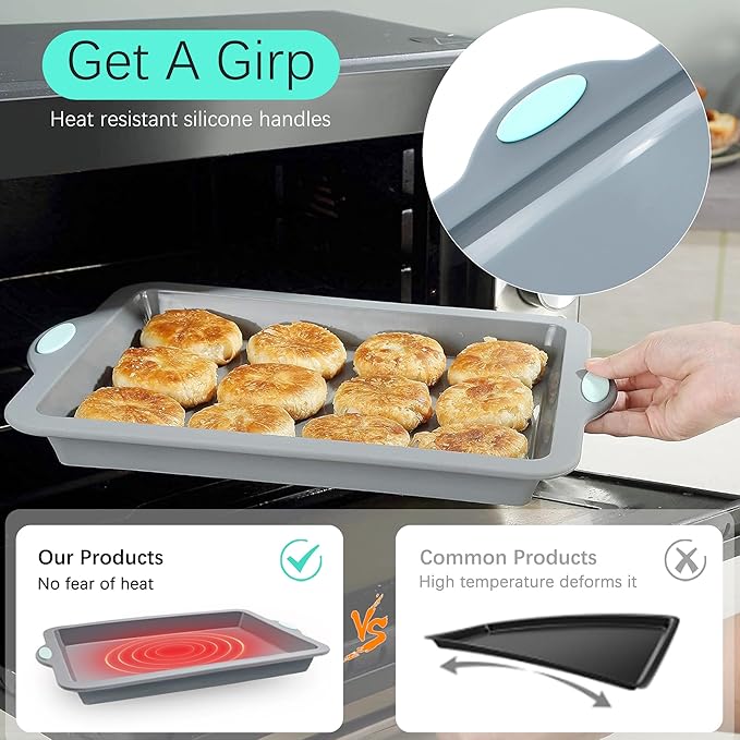 To encounter Silicone Baking Pans Set, 4 Pieces Nonstick Bakeware Set with Baking Pans, Baking Sheets, Cookie Sheets, Cake Pan with Metal Reinforced Frame More Strength, Light Grey