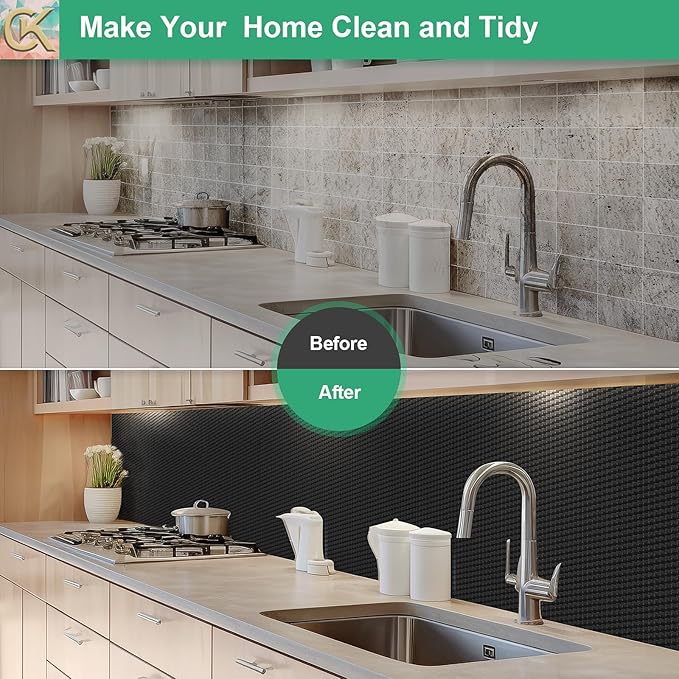 Self-Adhesive Shelf Liner Kitchen Liner, Waterproof Backed Paper Easy Peel and Stick Contact Liner Without Residue for Decor Your Desk Surface, Kitchen Countertops (Black, 11.8 x 393.7 inches)