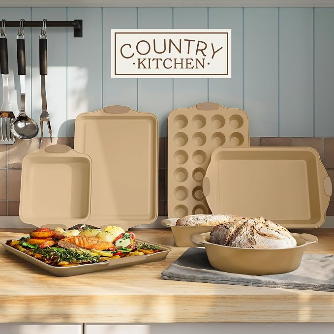 Country Kitchen Nonstick Stackable Bakeware Set - Heavy Duty, Durable, Easy Release Baking Set, Gold, 10 Pcs