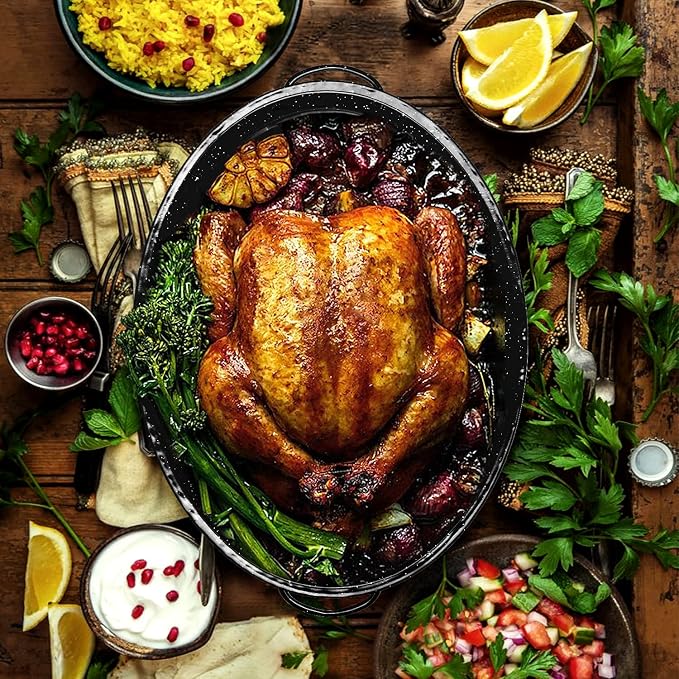 JY COOKMENT 15.7" Enameled Oval Roaster with Domed Lid - For Turkey, Chicken, Ham, Dishwasher Safe