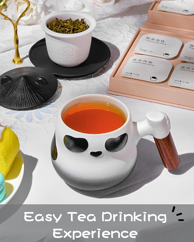 ZENS Tea Cup with Infuser and Lid, 11 oz Cute Panda Tea Mug with Strainer and Coaster for Loose Leaf Tea Steeper, Ceramic Tea Cup for Daughter, Collector's Mug Gifts