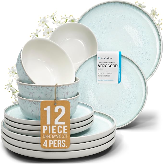12 Piece Stoneware Dinnerware Set for 4 - Handmade Reactive Glaze Plates and Bowls Set - Chip & Scratch Resistant Dish Set - Dishwasher Microwave Safe - Light Beige & Blue
