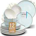 12 Piece Stoneware Dinnerware Set for 4 - Handmade Reactive Glaze Plates and Bowls Set - Chip & Scratch Resistant Dish Set - Dishwasher Microwave Safe - Light Beige & Blue
