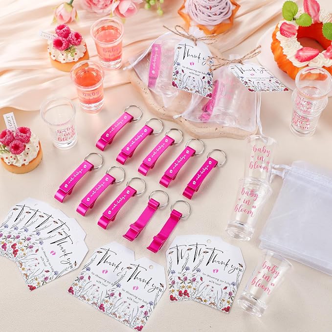 50 Sets Baby Shower Favor for Guests Acrylic Shot Glasses with Bottle Opener Keychains Thank You Tags and Bags Gender Reveal Party Favors for Guest Baby Shower Return Gift(Bloom)
