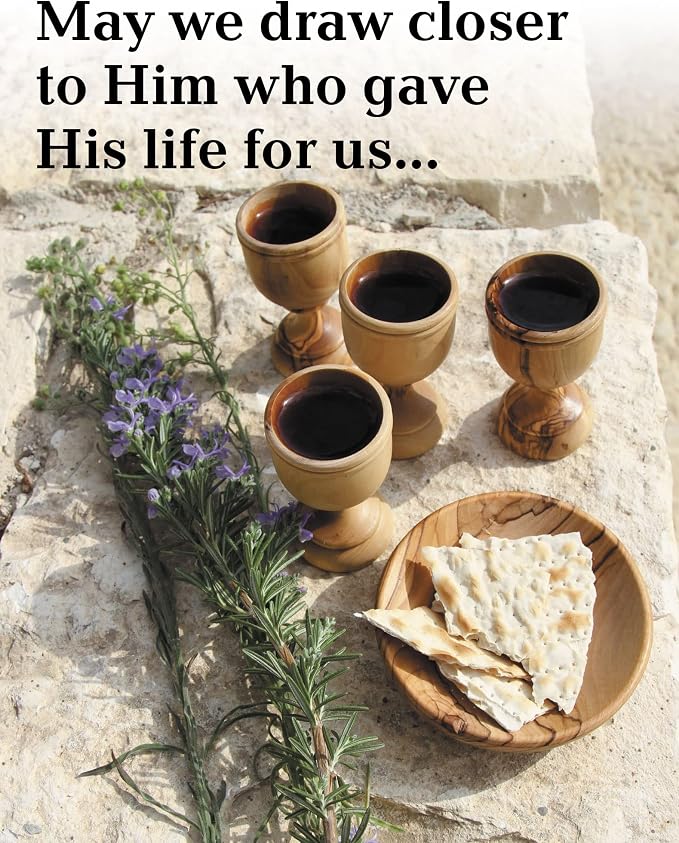 Olive Wood Communion Cups & Bread Plate Set - 4 Hand-Carved Kiddush Goblets with Tray from Bethlehem – Authentic Holy Land Gift for Church, Ministry & Worship
