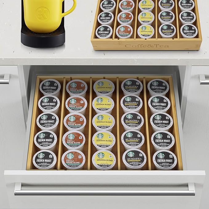 MinBoo Bamboo K Cup Holder for Drawer or Countertop Coffee Pod Holder 25-36 K Cup Pod Storage Tea Bag Organizer Storage for Coffee Station Home Office and Kitchen (Bamboo)