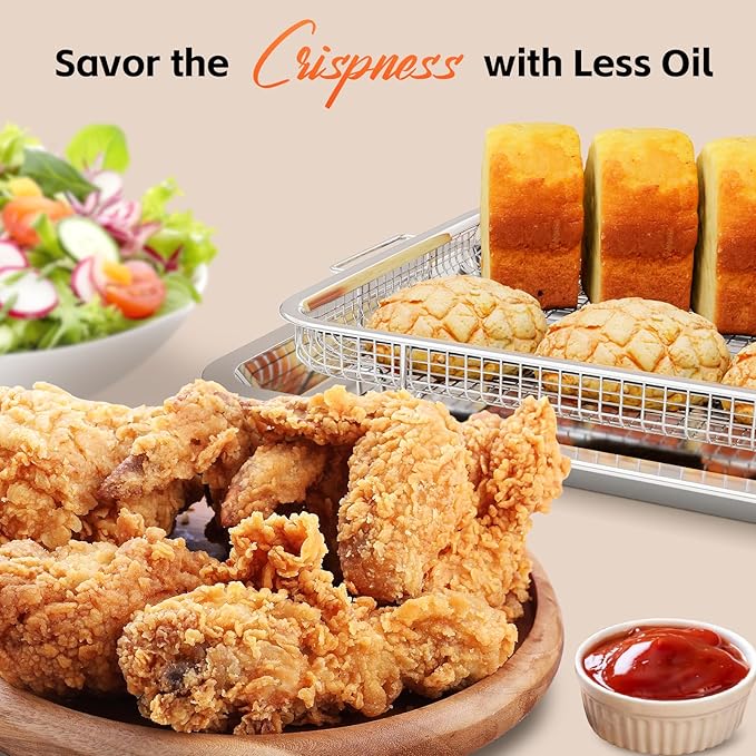 Air Fryer Basket for Oven, 2 Set Oven Air Fryer Basket and Tray with 60 PCS Parchment Papers, DEGOVIN Crisper Tray Non-stick Stainless Steel Air Fry Pans for Convection Oven(14.88" ×10.98"&13" × 9.7")