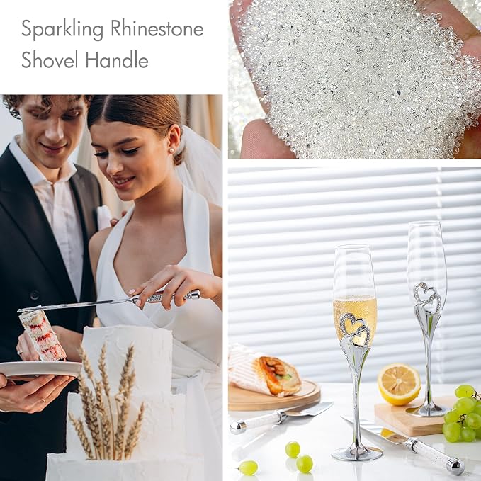 Wedding Cake Knife and Sever Set, Mr and Mrs Champagne Flutes and Cake Cutting Set for Bride Shower Engagement Gfits for Couples