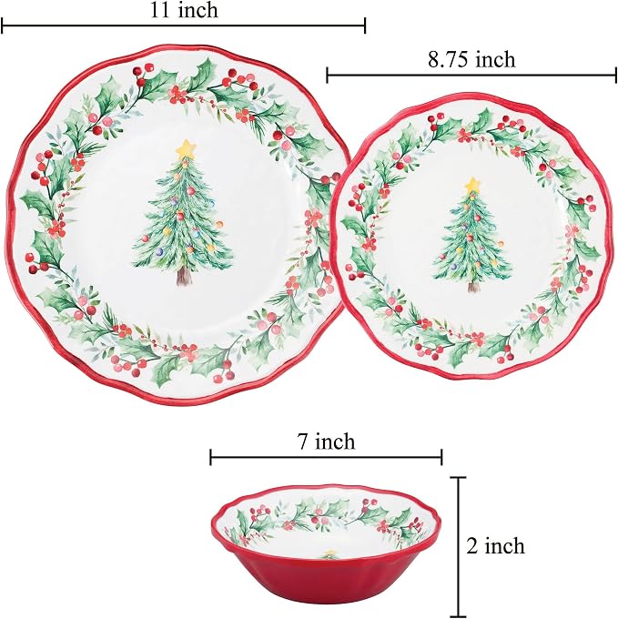 UPware 12 Piece Christmas Tree Melamine Dinnerware Sets, Outdoor Dishes Set, Plates and Bowls Sets, Christmas Decorations, Service for 4, Red