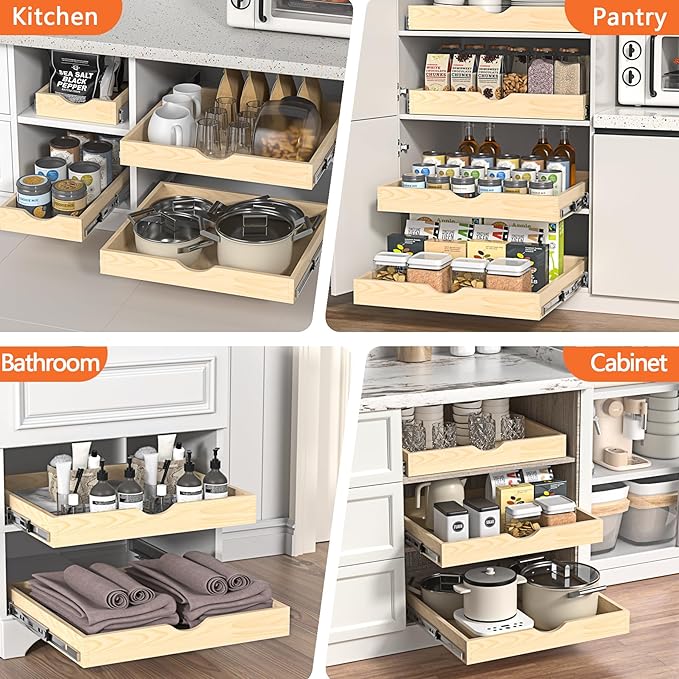 ZOINLIY 24''W X 21''D X 3''H Wooden Pull Out Drawer for Cabinet, Cabinet Organizer for Kitchen, Soft Close Slide Out Shelves, Heavy Duty, Fully Expandable - Bottom Mounting