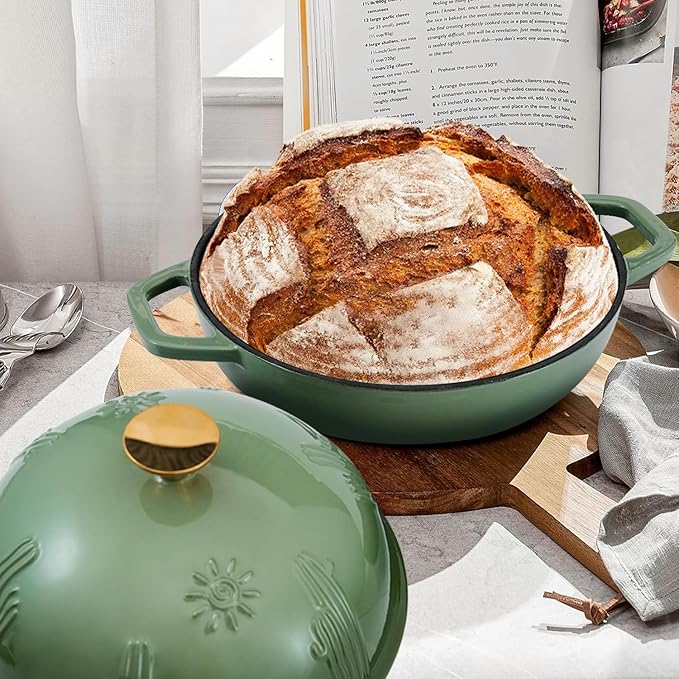 Flavehc Cast Iron Bread Oven With Cloche Lid for Baking - Red Enameled Dutch Oven With Dome Lid for Sourdough - 5 qt