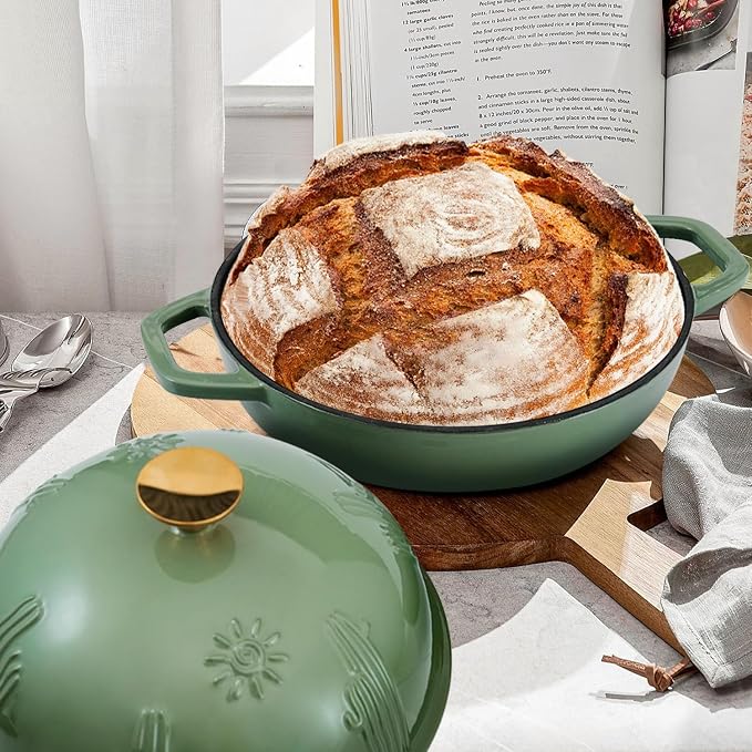 Flavehc Cast Iron Bread Oven With Cloche Lid for Baking - Yellow Enameled Dutch Oven With Dome Lid for Sourdough - 5 qt