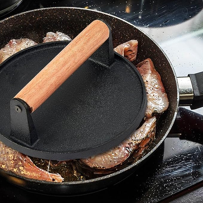 3Pcs Grill Press, Leonyo 7 Inch Round Cast Iron Burger Press, Heavy Duty Smash Burger Kit for Griddle Grill, Hamburger, Meat, Steak, Patty, Panini, Barbecue, Nonstick Pan