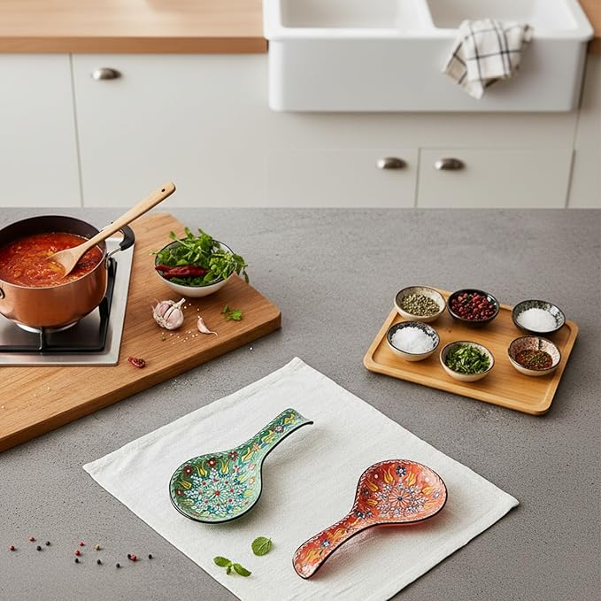 BCS Spoon Rest Set of 2 - Ceramic Spoon Holder for Stovetop & Kitchen Counter - Dishwasher Safe Handmade Kitchen Utensil (Green-Orange 4.5” W x 9" L)