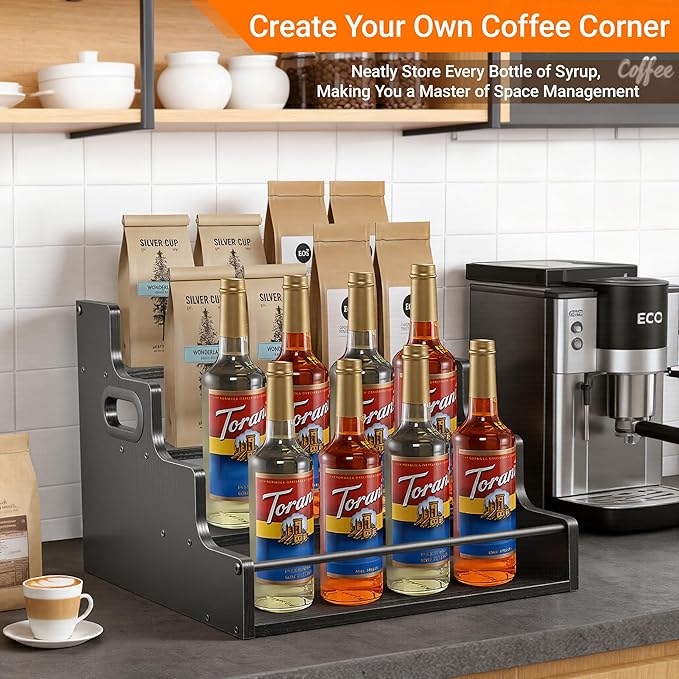 YQBRAO 2 Pack 4-Tier Liquor Bottle Display Shelf, 16-Inch Wooden Bar Shelves for Liquor Bottles, Countertop Whiskey Shelf and Bourbon Shelf Organizer for Home Bar, Kitchen（Black）