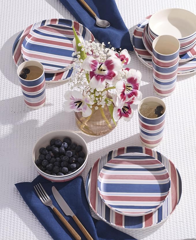 Oneida 24 Seven Melamine Collection, Dishwasher Safe Melamine Dinnerware and Drinkware, Stripe Pattern, Dinnerware Set, 12-Piece