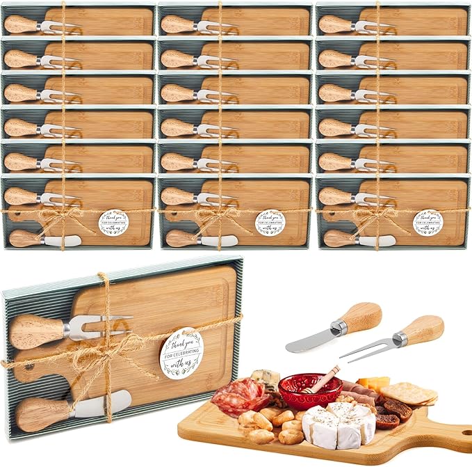 Ziliny 24 Set Bridal Baby Shower Cheese Prizes Wooden Square Board Gift Set Knives Forks Thank You Tags with Box for Guests for Valentines Bridal Baby Shower Housewarming Gifts (Bamboo Color)