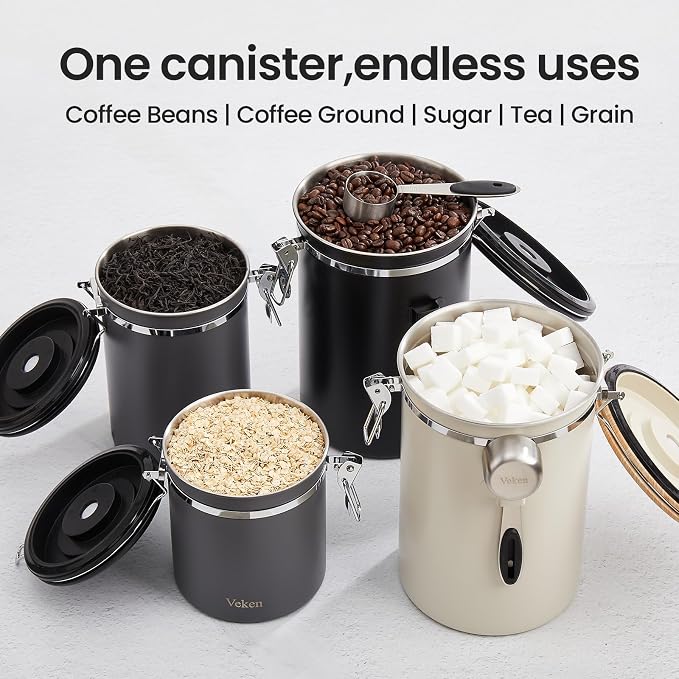 Veken Coffee Canister, Airtight Stainless Steel Kitchen Food Storage Container Holder for Beans, Ground, Tea, Flour, Cereal, Sugar, Espresso, Bar Accessories, Lids, Jars, Sealed Tin, Scoop,16OZ, Gray