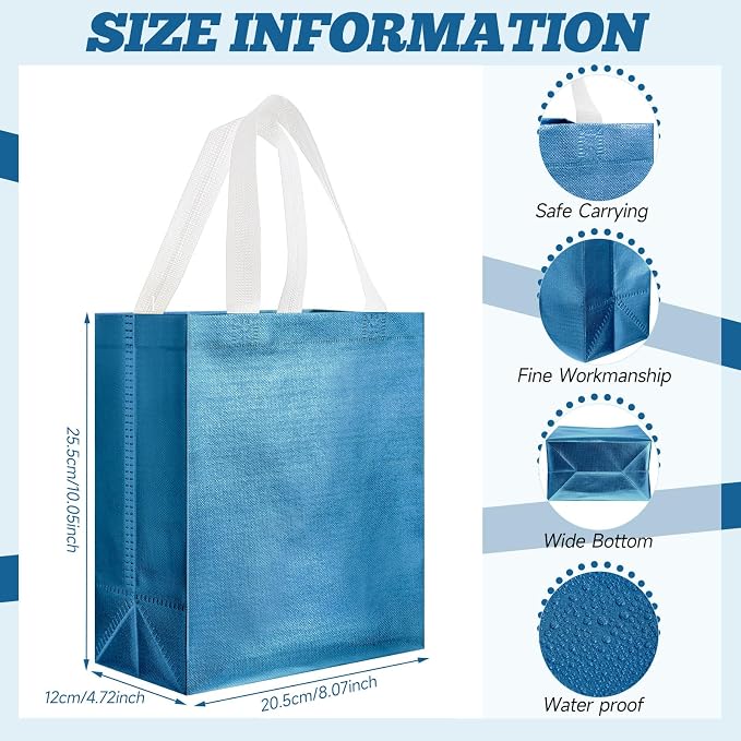 Eccliy Reusable Gift Bags Set Glossy Grocery Gift Tote Bag with Handle for Wedding, Bridal Shower, 4th of July, Summer Event(10 x 8 x 4.7 Inch,Lake Blue,80 Pcs)