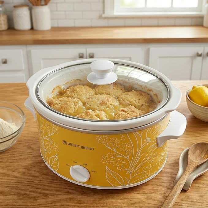 West Bend 4-Quart Manual Slow Cooker with 3 Cooking Settings, Dishwasher-Safe Ceramic and Glass Lid, 210 Watts, Yellow
