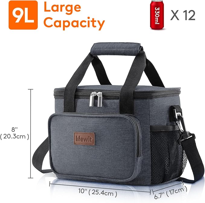 Lifewit Medium Lunch Bag, Insulated Lunch Box, Soft Cooler Cooling Tote for Adult Men Women, Dark Gray 12-Can (9L)